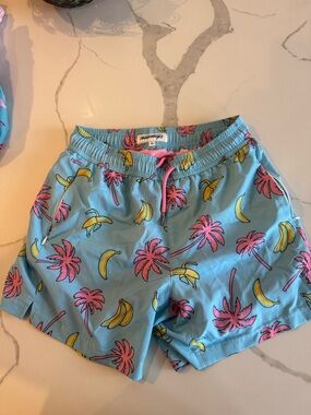 Men's Blue Tropical Palm & Banana Swim Trunks